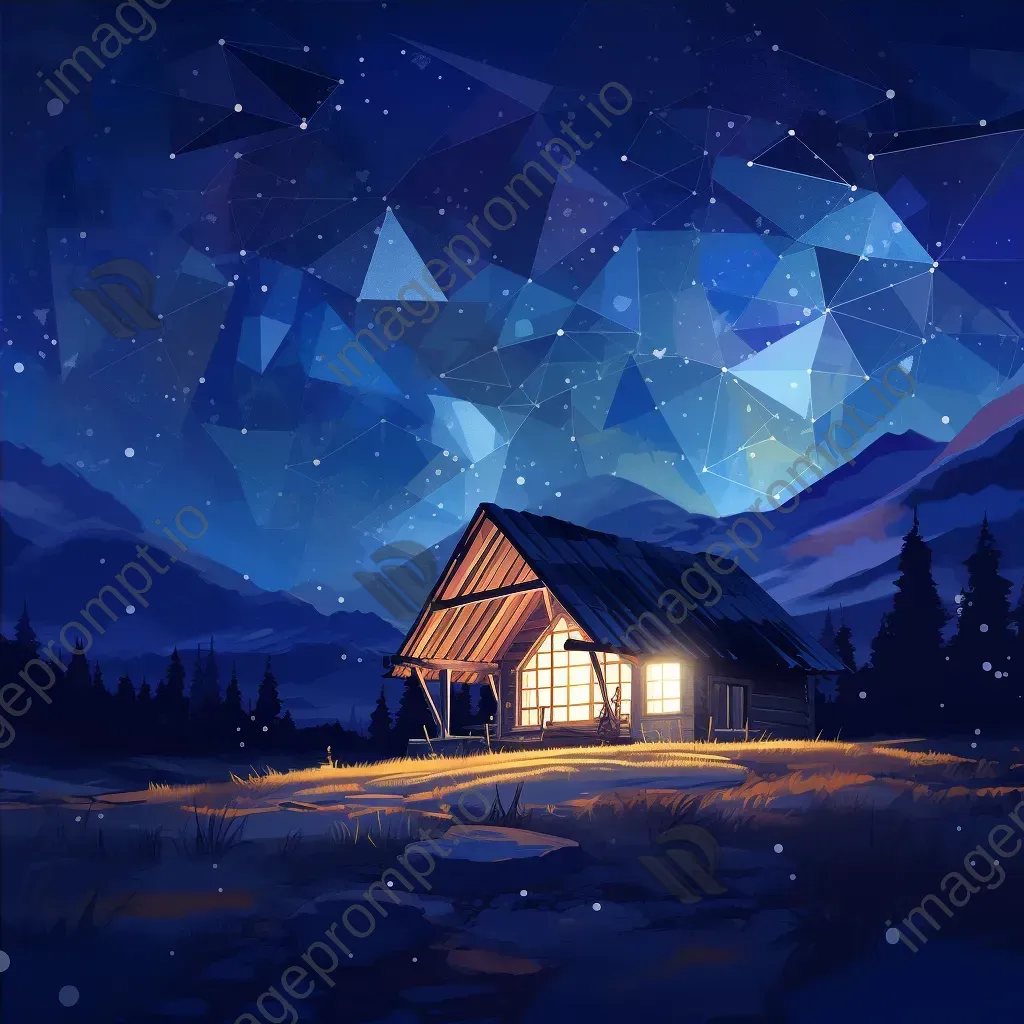 Low poly depiction of a starry night over a solitary cabin - Image 4