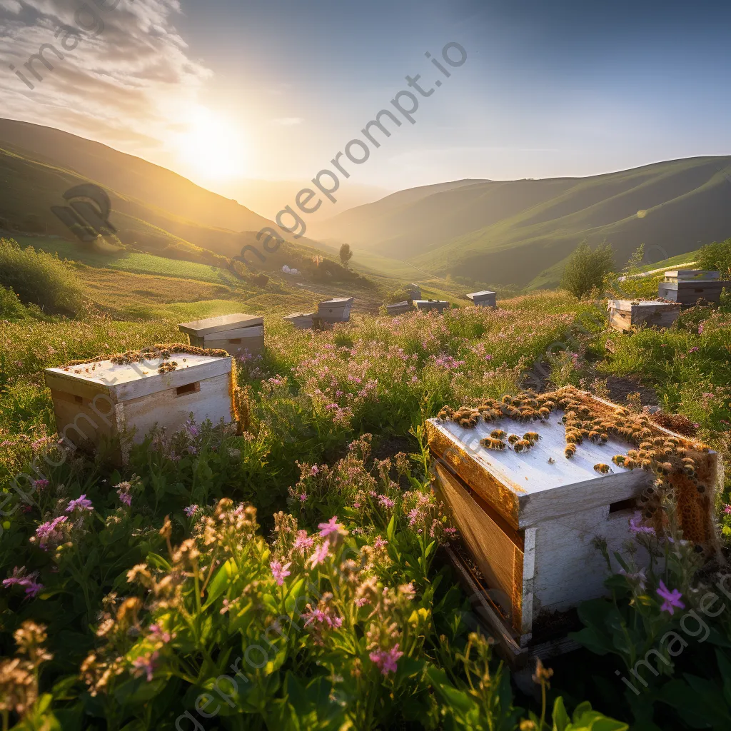 Rolling hills with traditional apiaries at sunrise, surrounded by flowers and bees. - Image 1