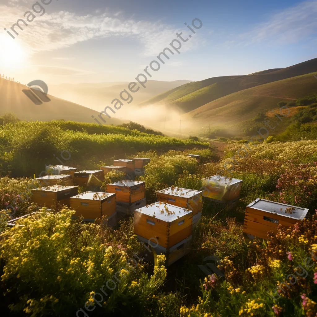 Rolling hills with traditional apiaries at sunrise, surrounded by flowers and bees. - Image 2