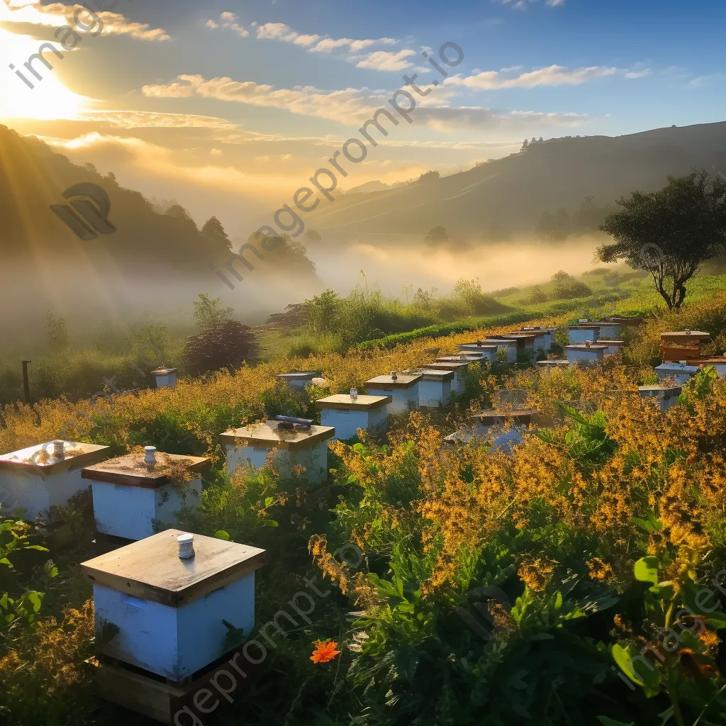 Rolling hills with traditional apiaries at sunrise, surrounded by flowers and bees. - Image 3