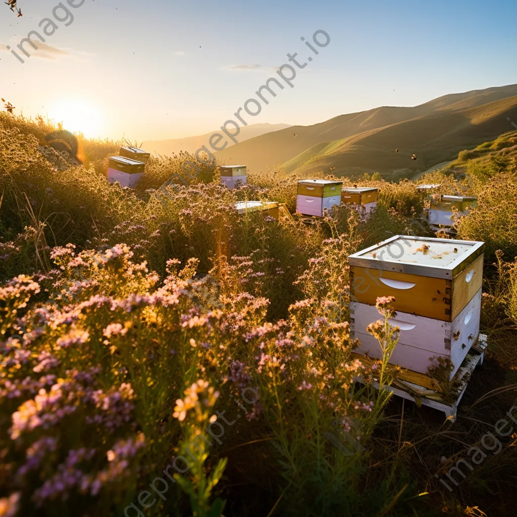 Rolling hills with traditional apiaries at sunrise, surrounded by flowers and bees. - Image 4