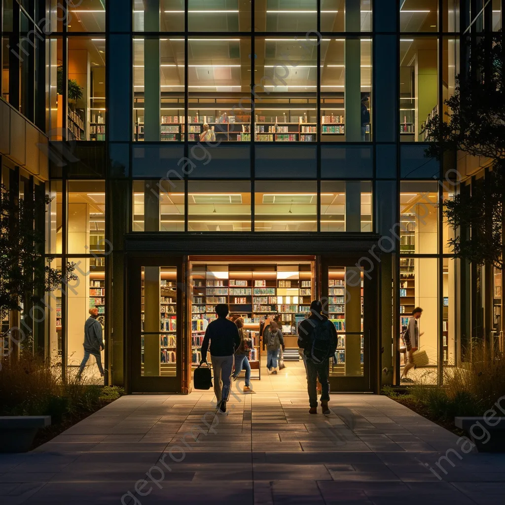 The exterior of a library glowing with lights during the evening. - Image 1