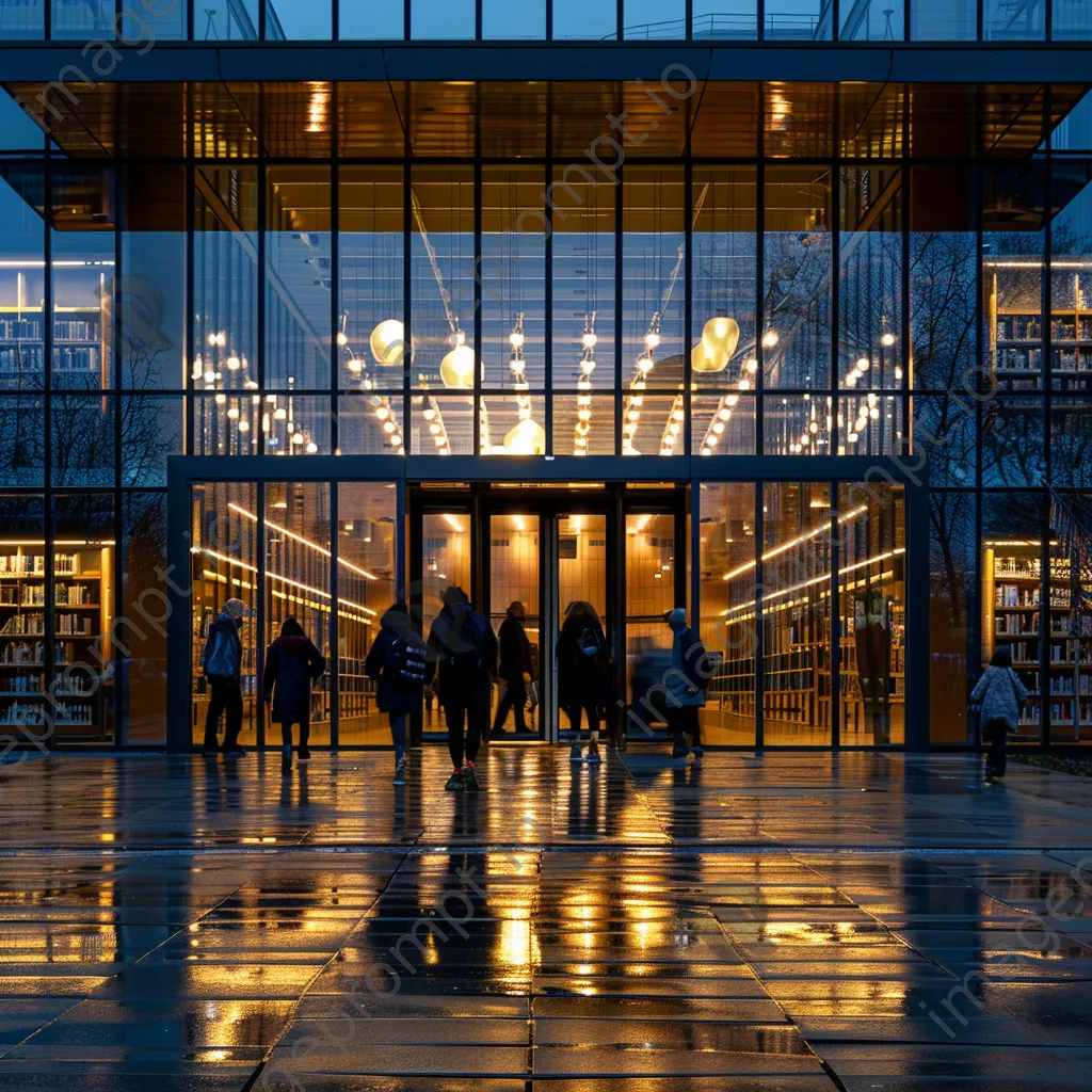 The exterior of a library glowing with lights during the evening. - Image 2