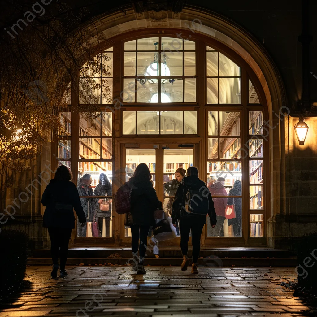 The exterior of a library glowing with lights during the evening. - Image 3