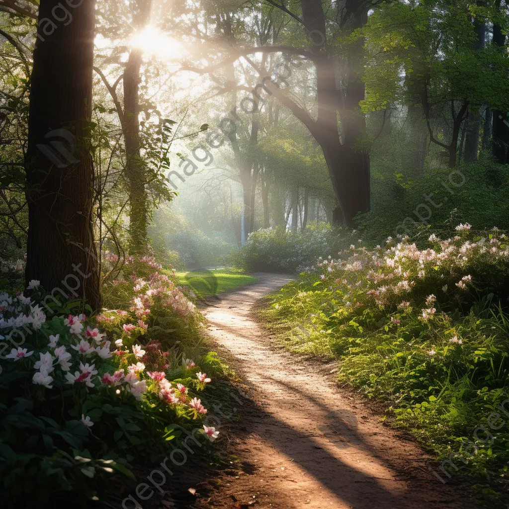 Spring forest trail surrounded by blooming flowers - Image 1