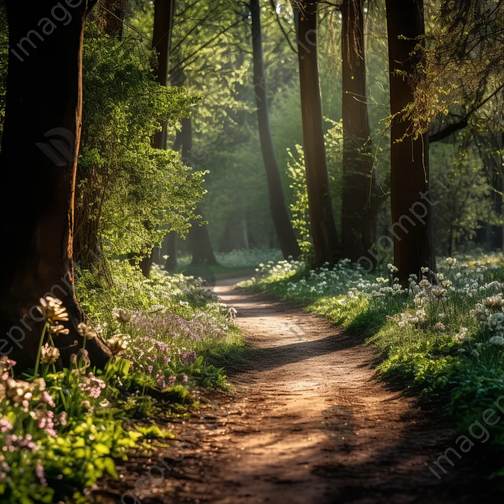 Spring forest trail surrounded by blooming flowers - Image 2