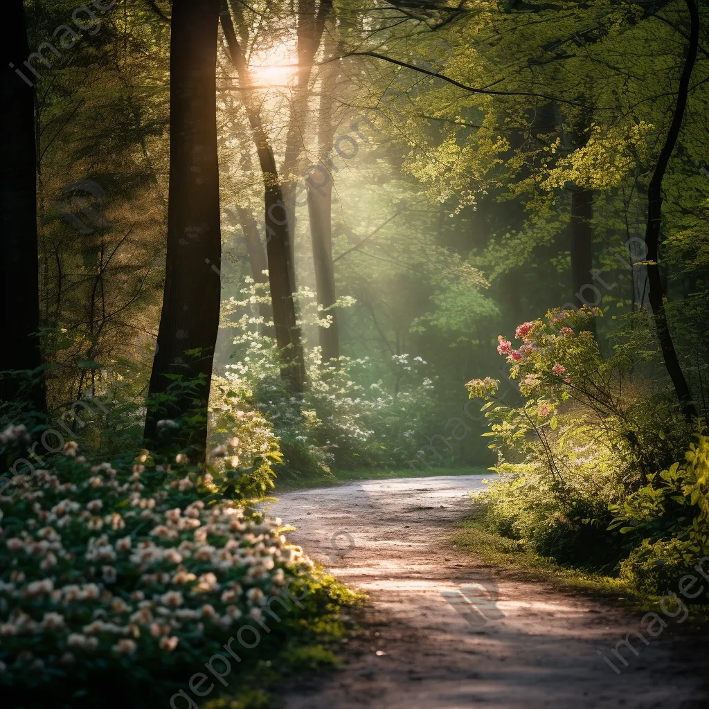 Spring forest trail surrounded by blooming flowers - Image 3