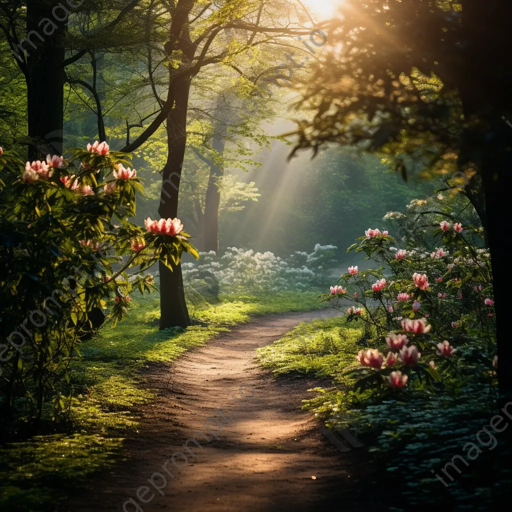 Spring forest trail surrounded by blooming flowers - Image 4