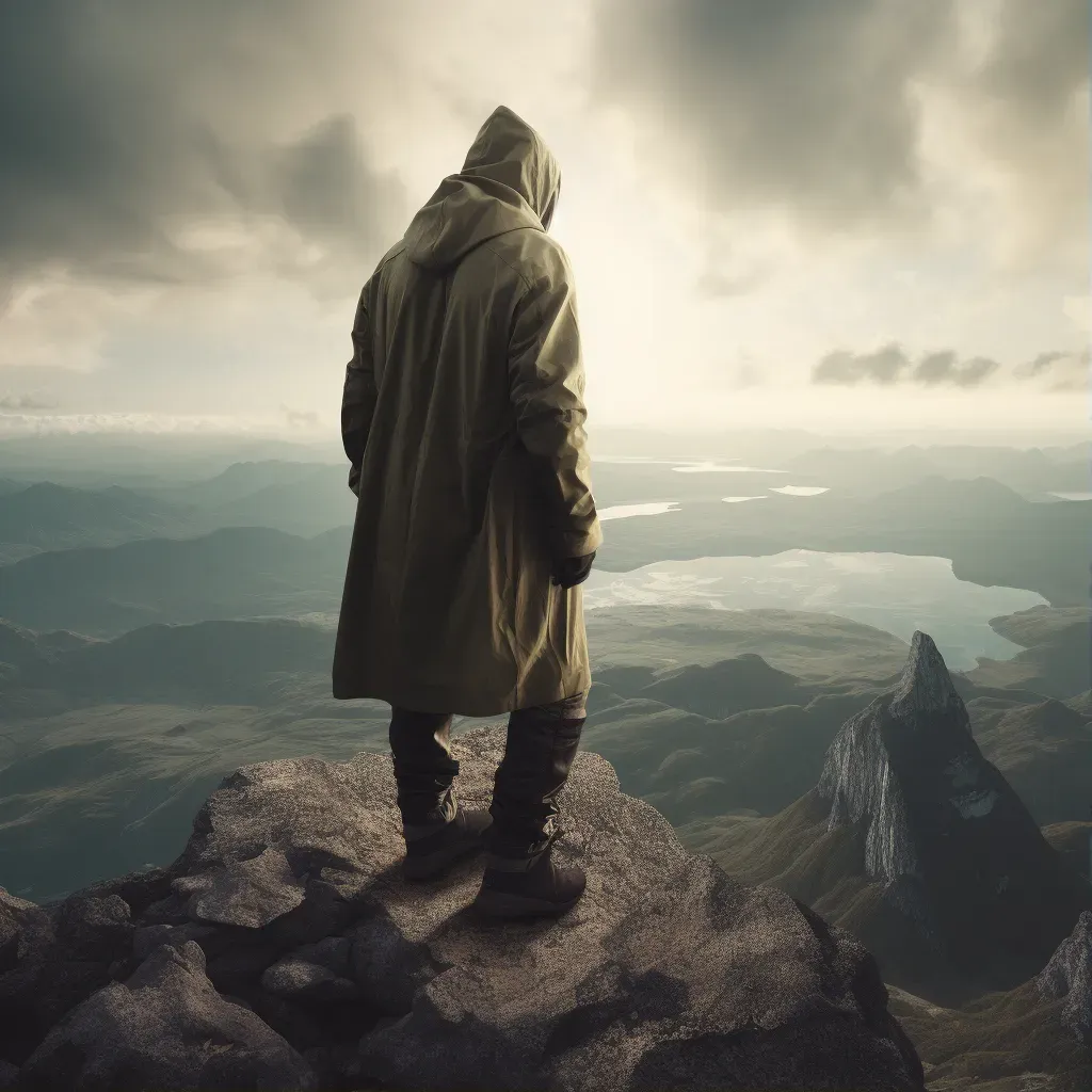 Image of a hiker triumphantly standing at a mountain summit - Image 1