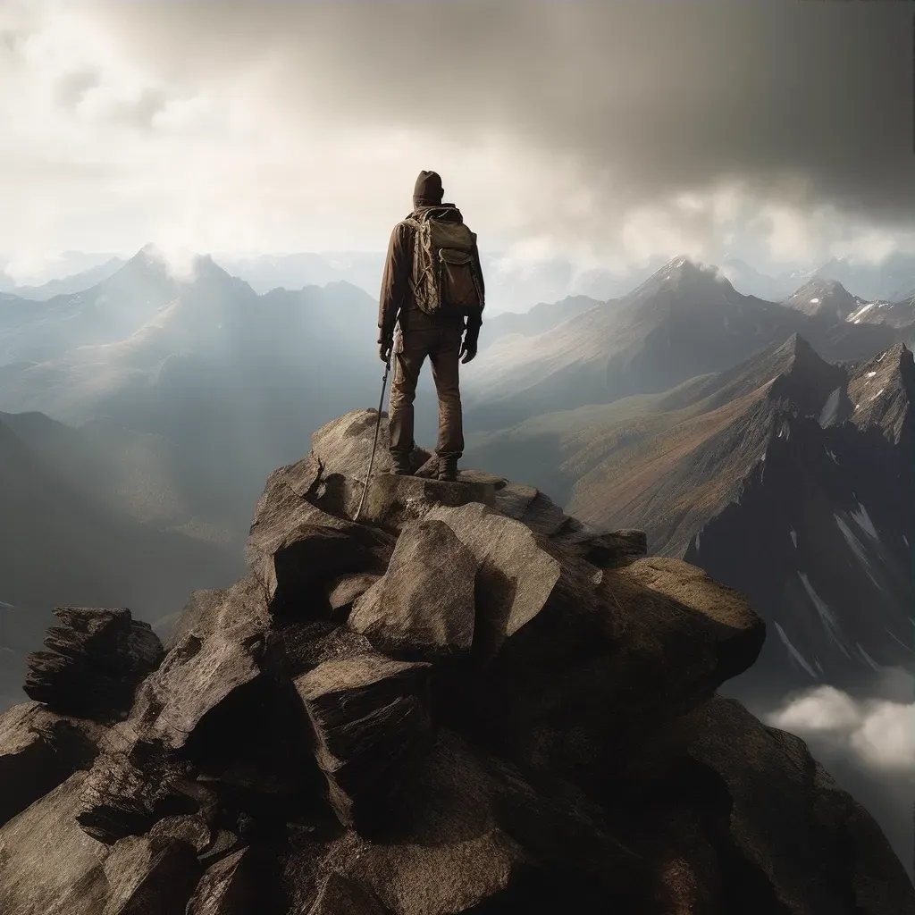 Image of a hiker triumphantly standing at a mountain summit - Image 3