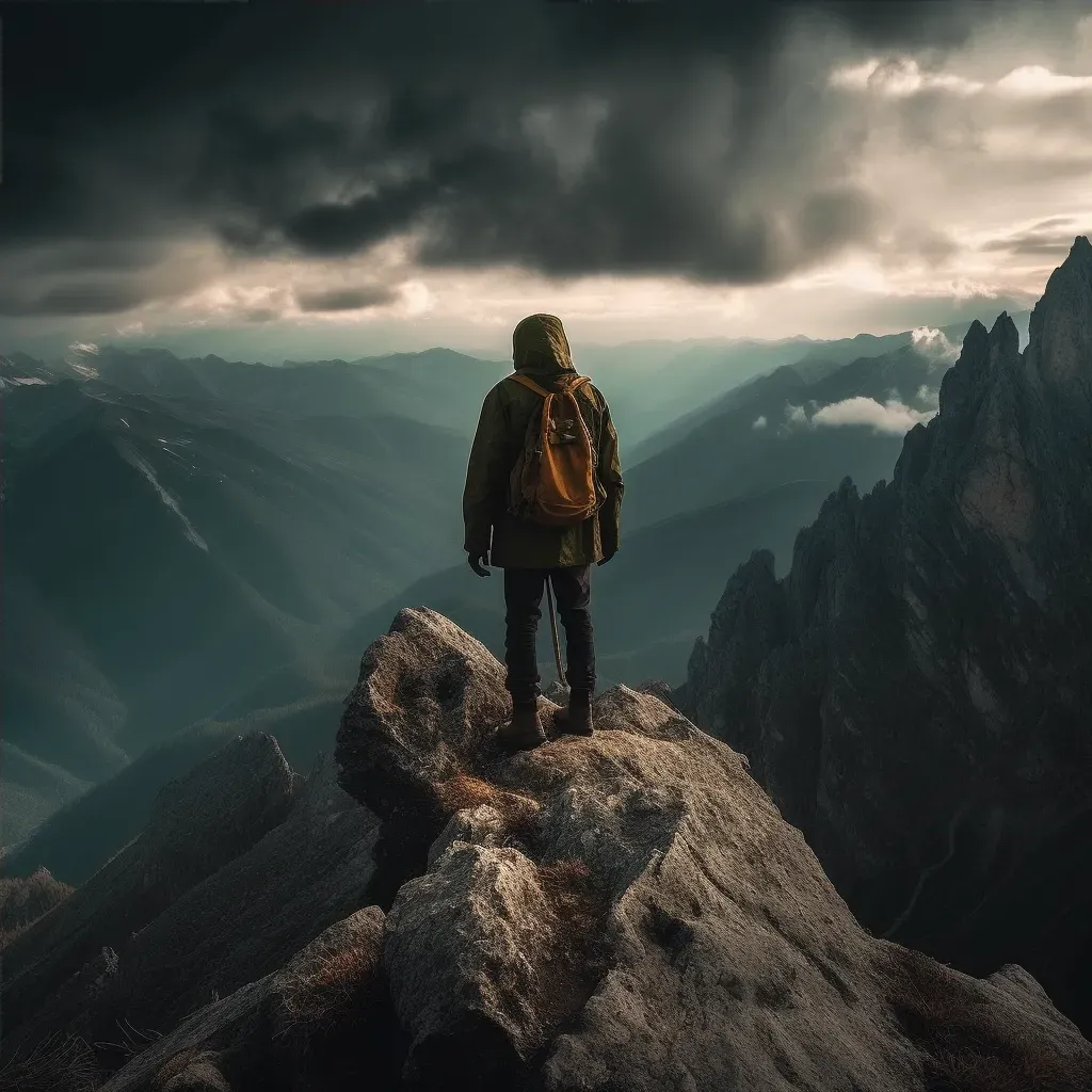 Image of a hiker triumphantly standing at a mountain summit - Image 4