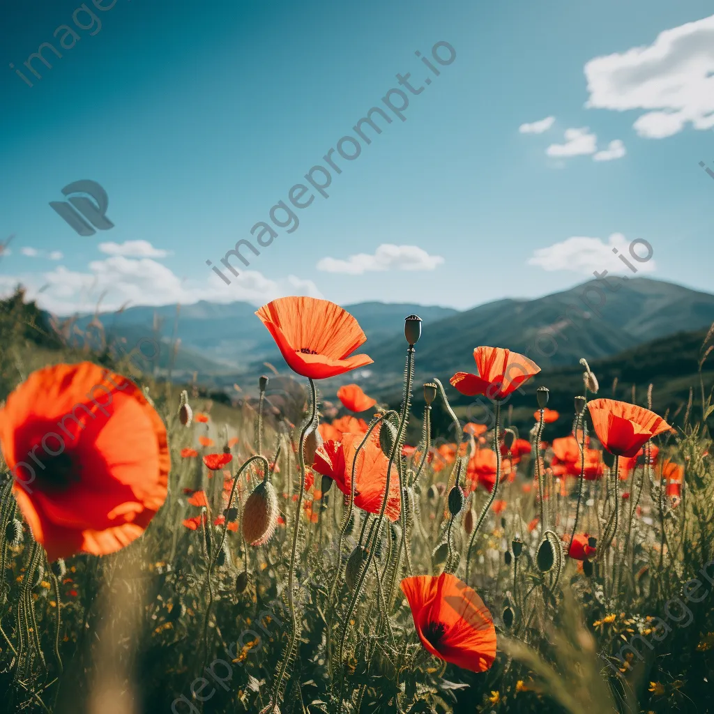 Poppy field with distant mountains under clear blue sky. - Image 1