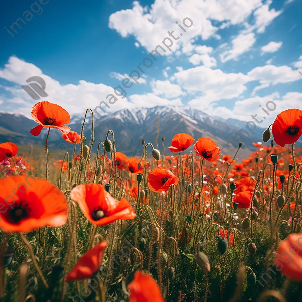 Poppy field with distant mountains under clear blue sky. - Image 2