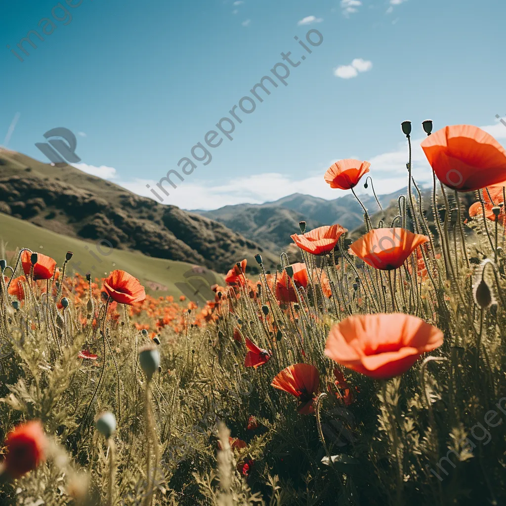 Poppy field with distant mountains under clear blue sky. - Image 3