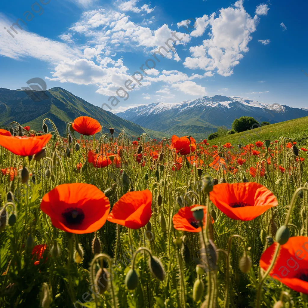 Poppy field with distant mountains under clear blue sky. - Image 4