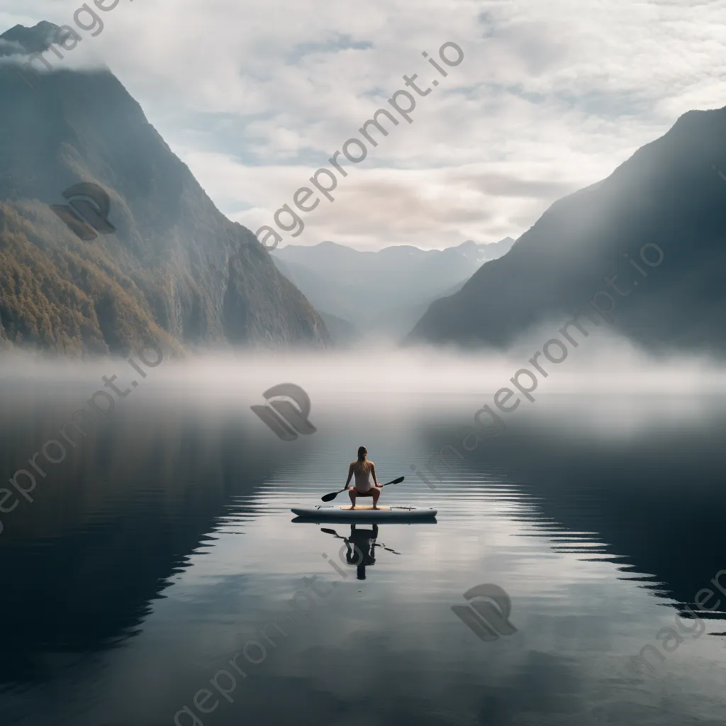 Yogi practicing yoga on a paddleboard at dawn - Image 2