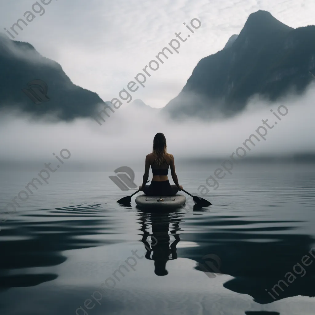 Yogi practicing yoga on a paddleboard at dawn - Image 3