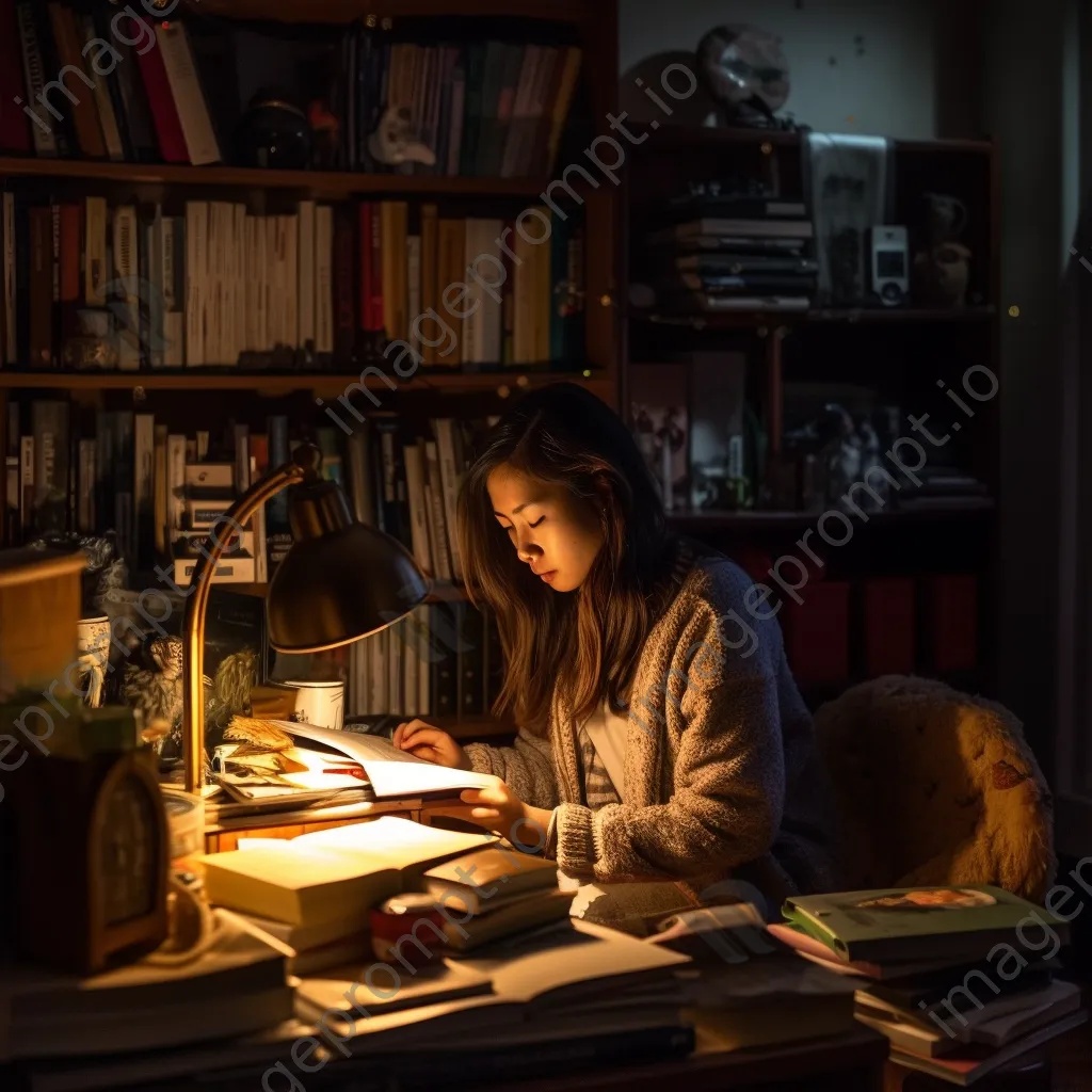 Student studying in a cozy room filled with books and personal items. - Image 1