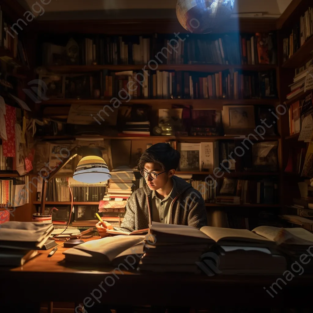 Student studying in a cozy room filled with books and personal items. - Image 2