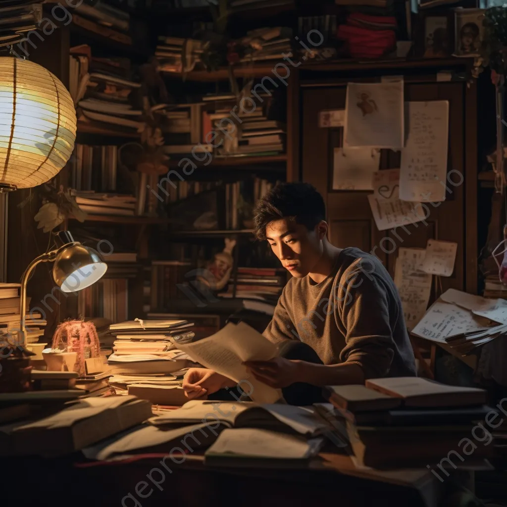 Student studying in a cozy room filled with books and personal items. - Image 3