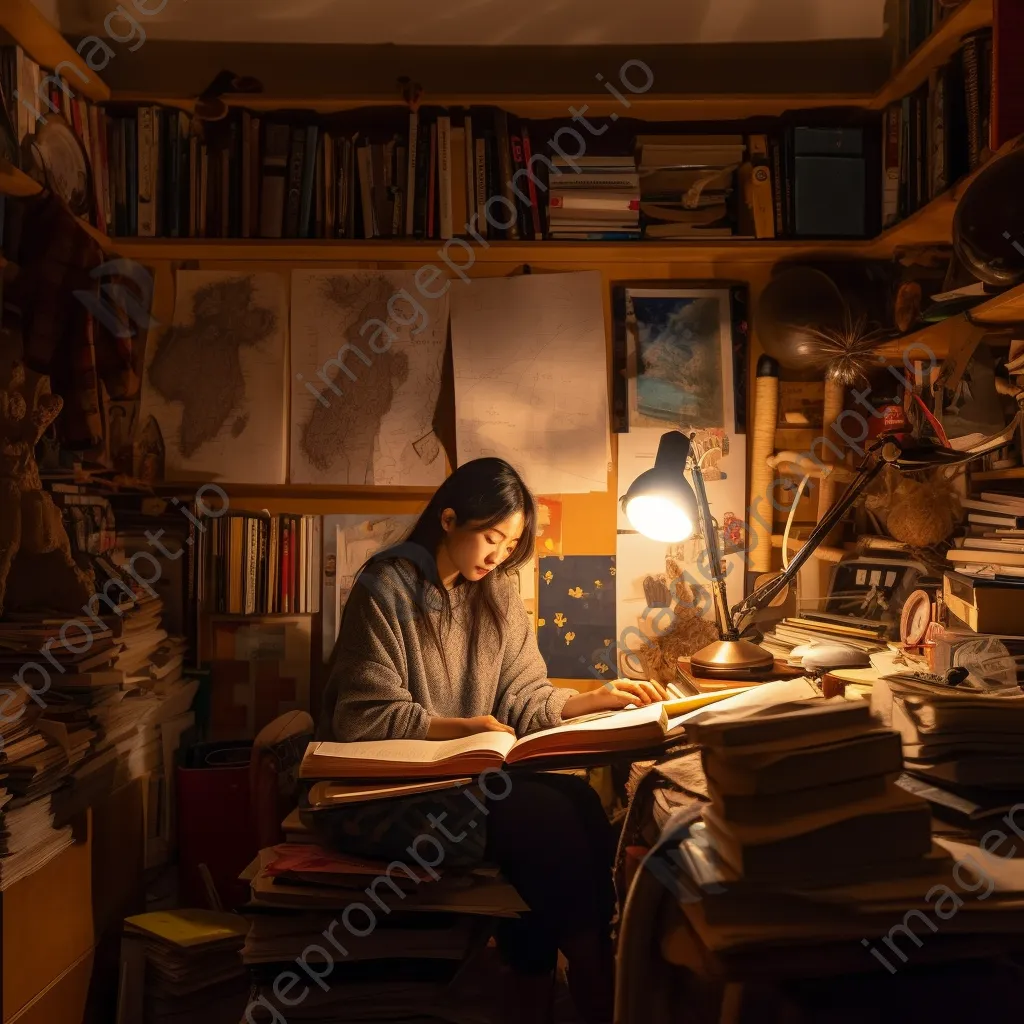 Student studying in a cozy room filled with books and personal items. - Image 4