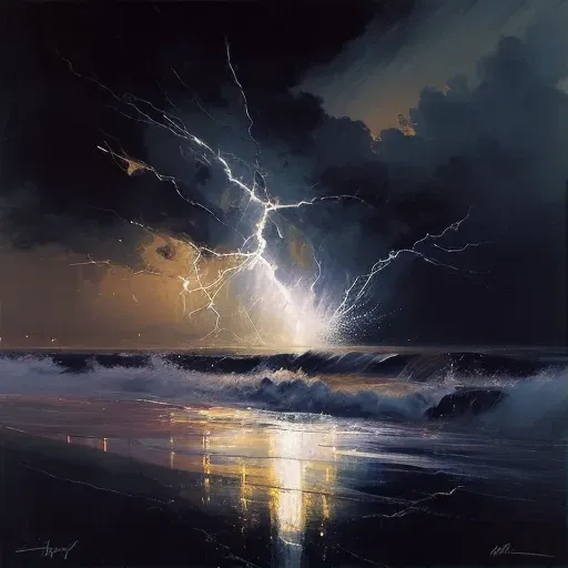 Lightning bolt striking above dark and ominous ocean - Image 1