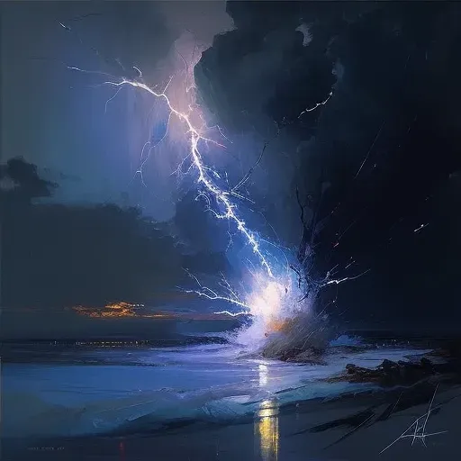 Lightning bolt striking above dark and ominous ocean - Image 4