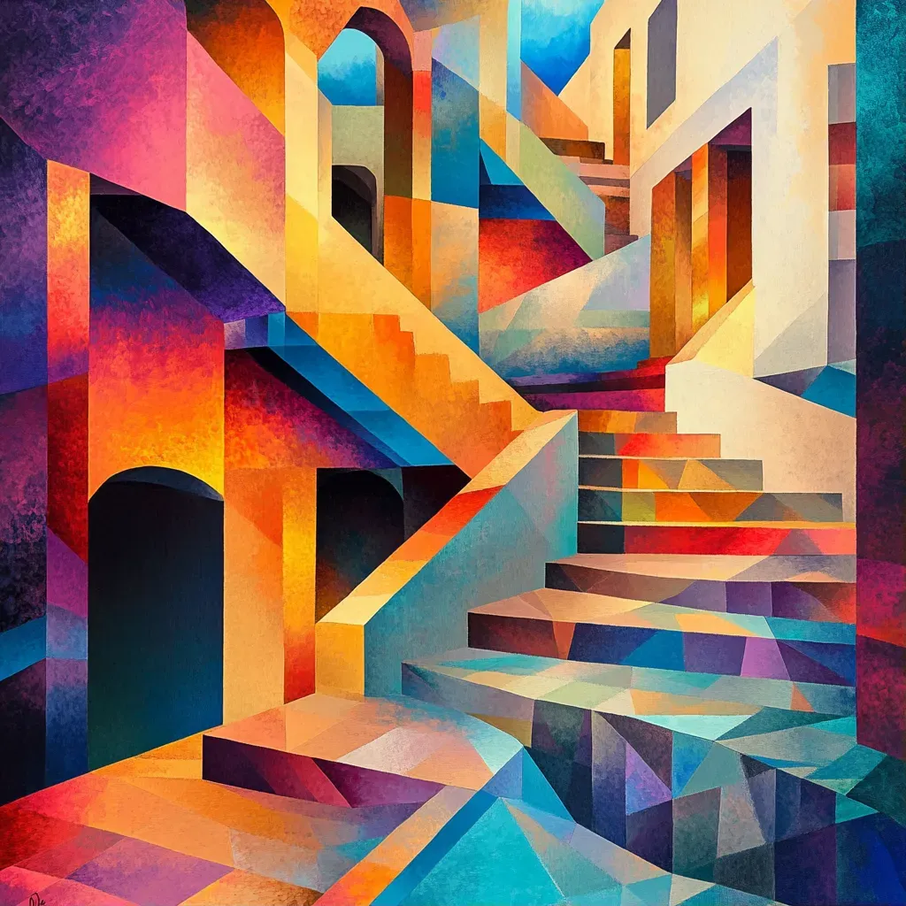 Vibrant low poly illusion with 3D shapes creating Escher-esque perspective - Image 1