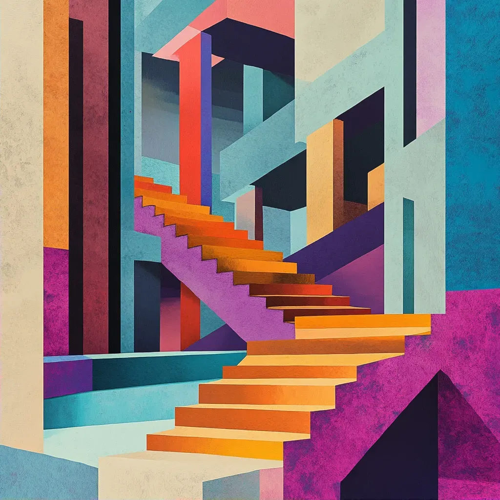 Vibrant low poly illusion with 3D shapes creating Escher-esque perspective - Image 2