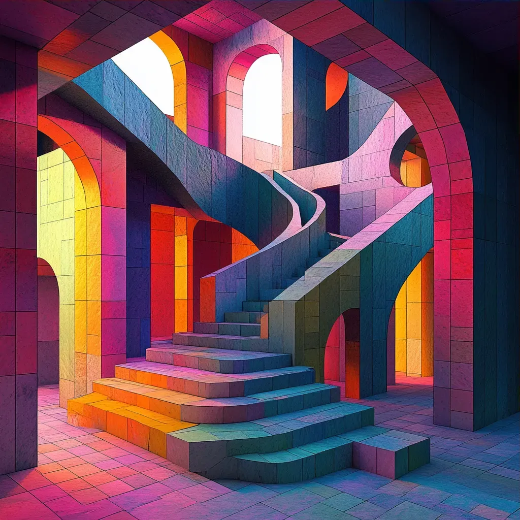 Vibrant low poly illusion with 3D shapes creating Escher-esque perspective - Image 3