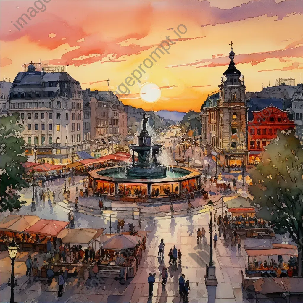 Watercolor painting of a bustling city square at twilight filled with sculptures and busy vendors - Image 2