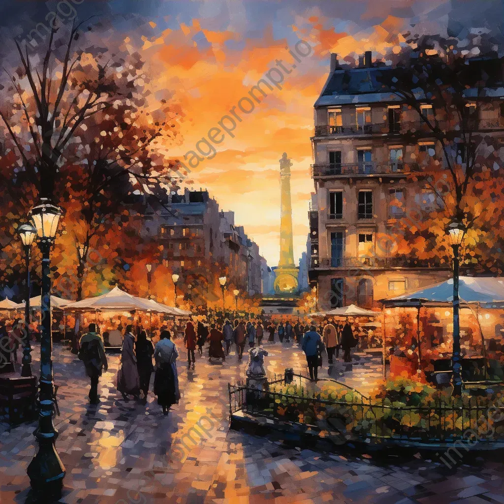 Watercolor painting of a bustling city square at twilight filled with sculptures and busy vendors - Image 3