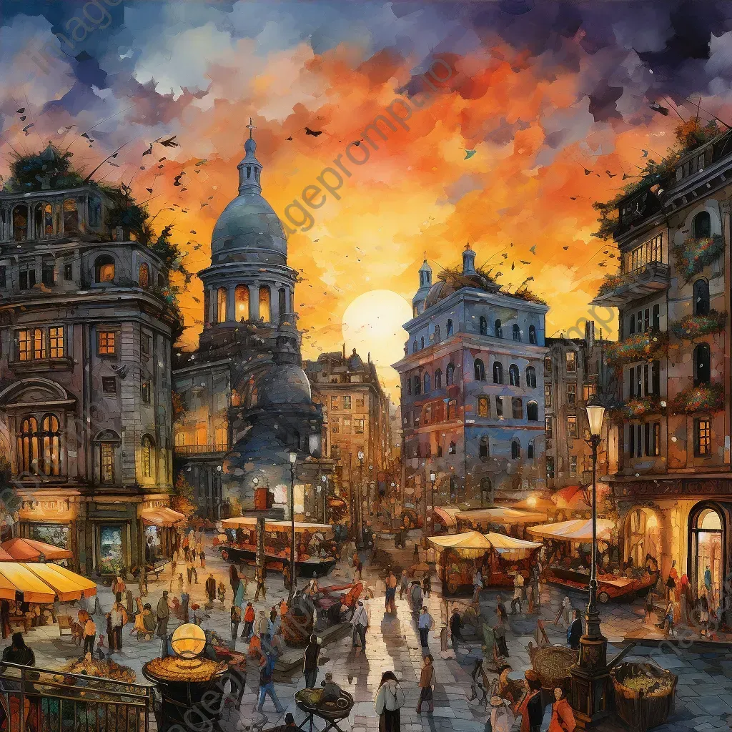 Watercolor painting of a bustling city square at twilight filled with sculptures and busy vendors - Image 4