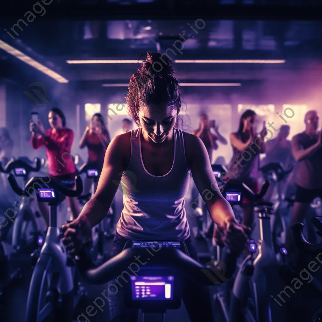 Participants engaged in a vibrant spinning class. - Image 4