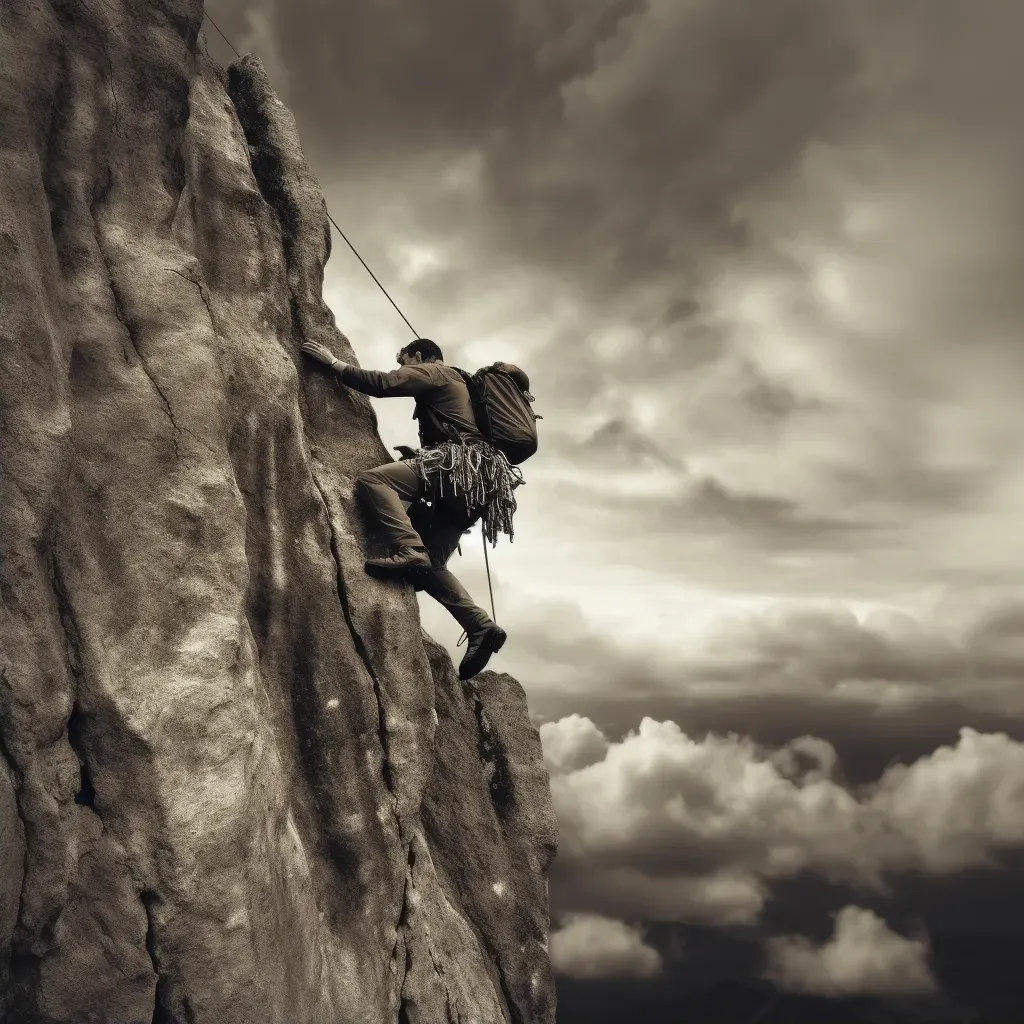 Rock Climber Ascending Cliff