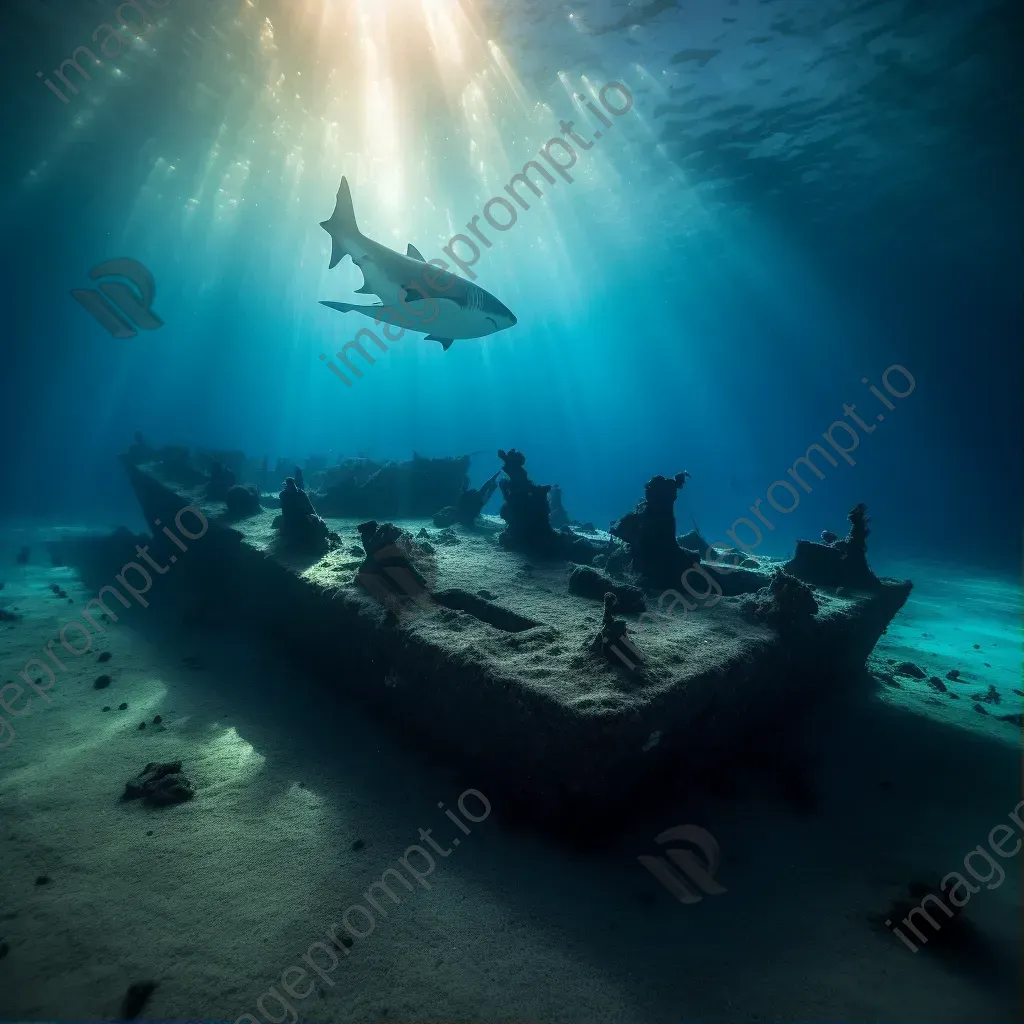 Remnants of shipwreck on sandy seabed with sharks underwater - Image 1