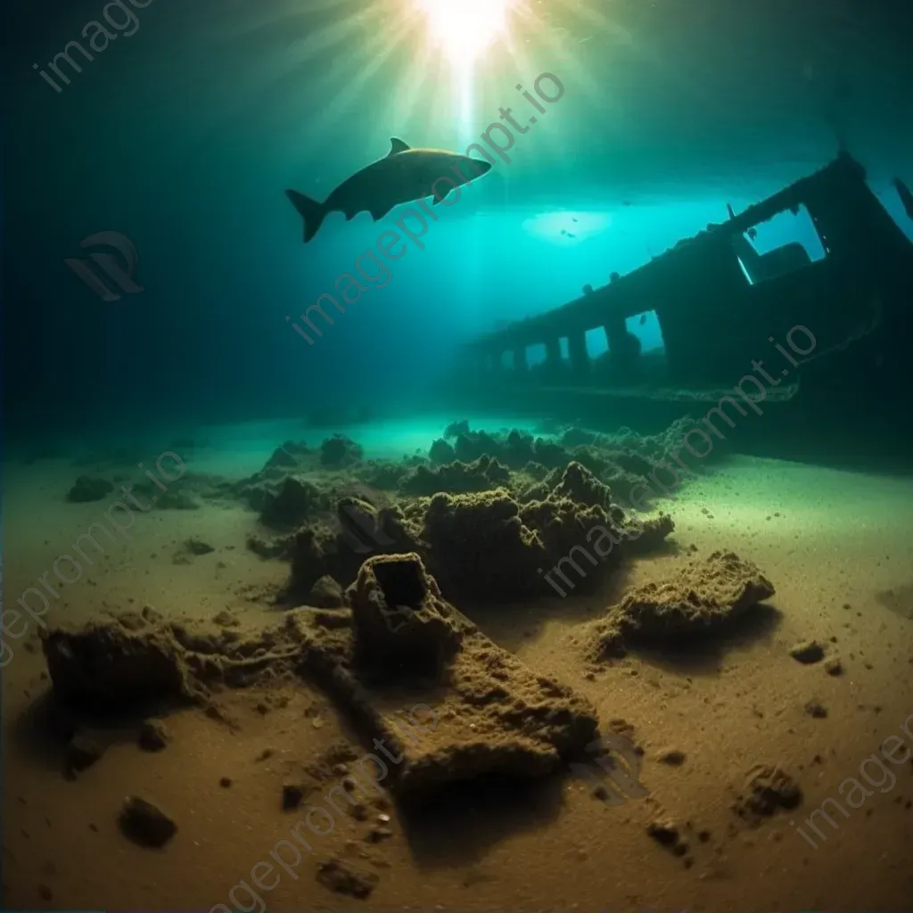 Remnants of shipwreck on sandy seabed with sharks underwater - Image 2