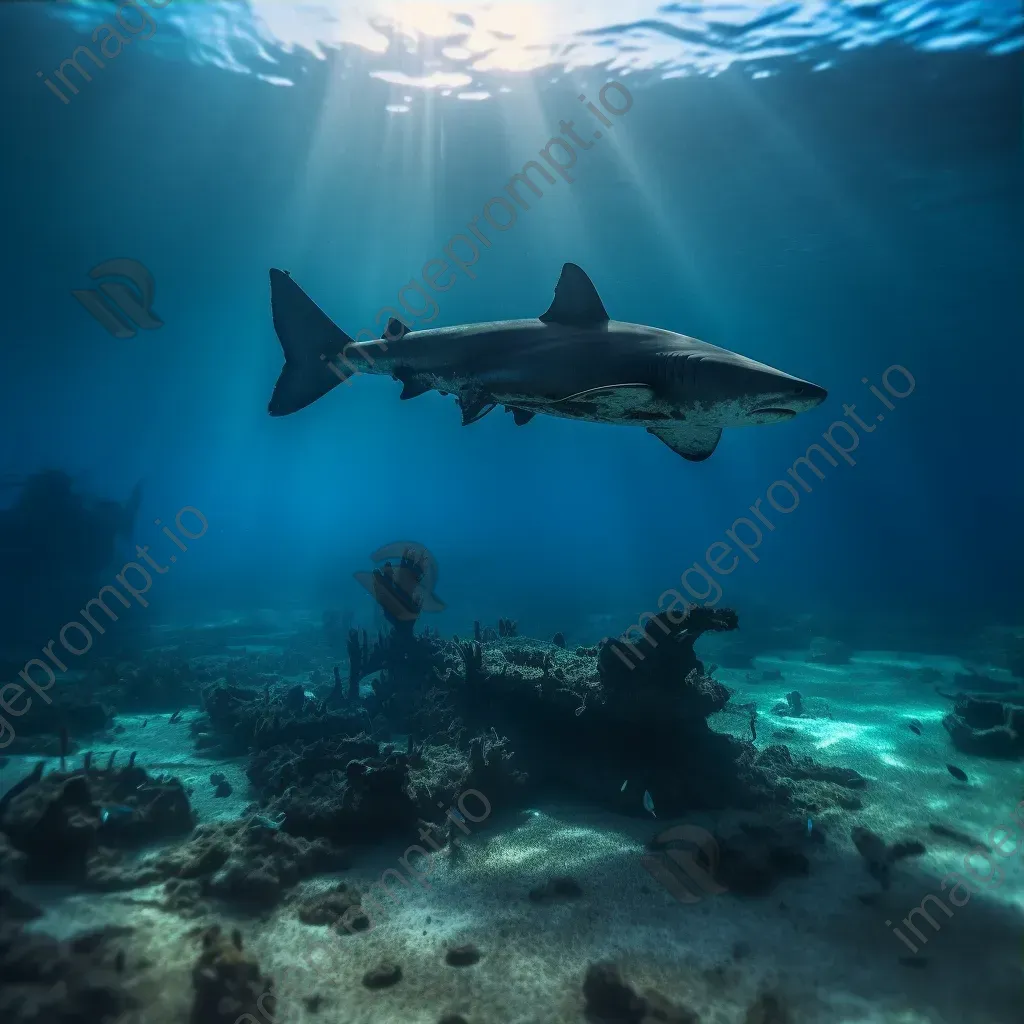 Remnants of shipwreck on sandy seabed with sharks underwater - Image 3