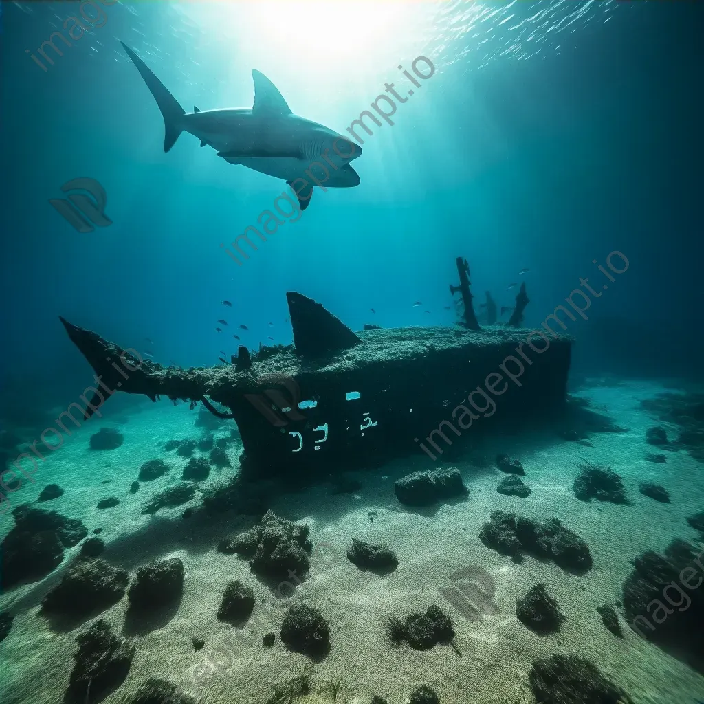 Remnants of shipwreck on sandy seabed with sharks underwater - Image 4