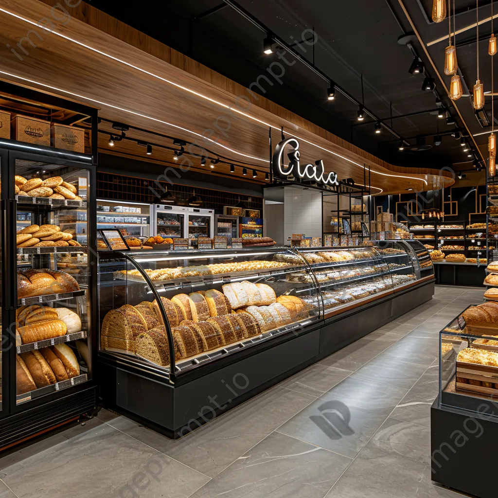 Bakery section in a supermarket with fresh bread and pastries. - Image 2