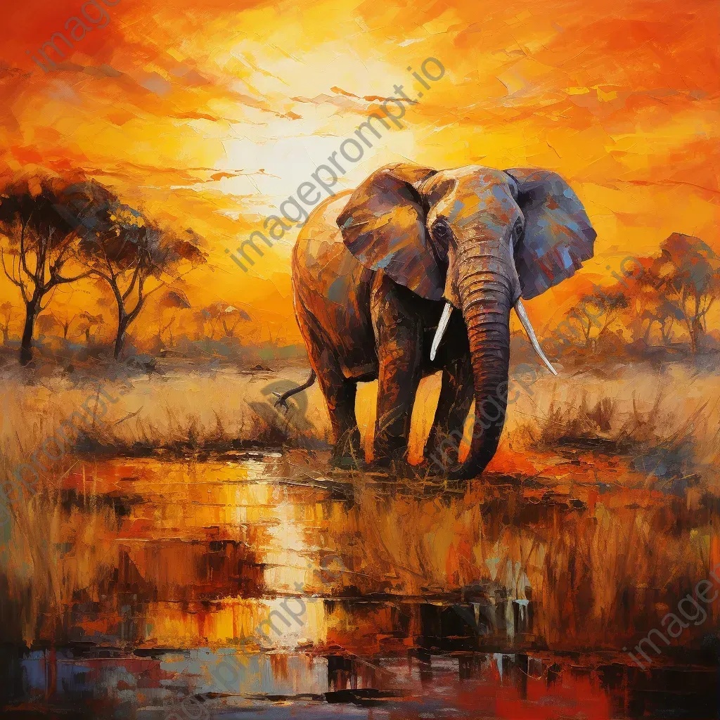 Impressionistic style painting of an elephant under a fiery sunset in the Savannah - Image 1