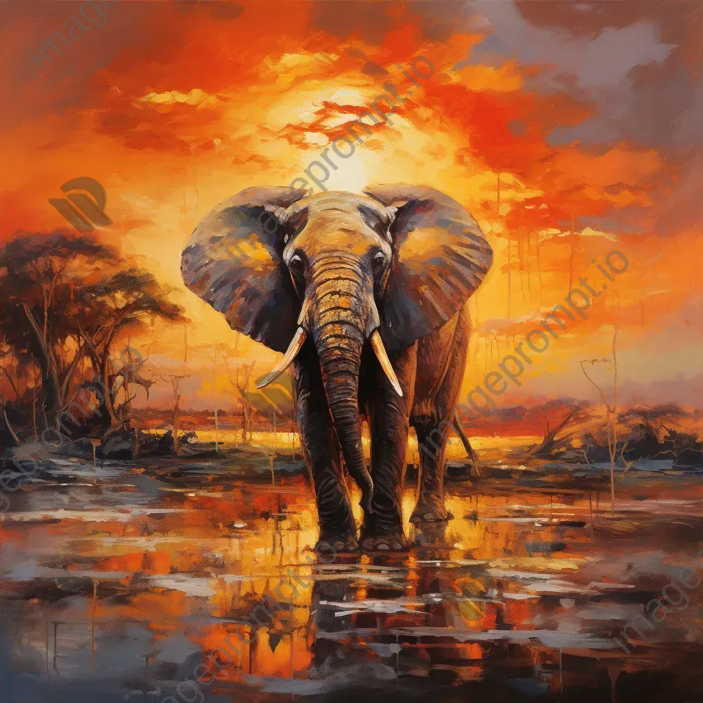 Impressionistic style painting of an elephant under a fiery sunset in the Savannah - Image 2