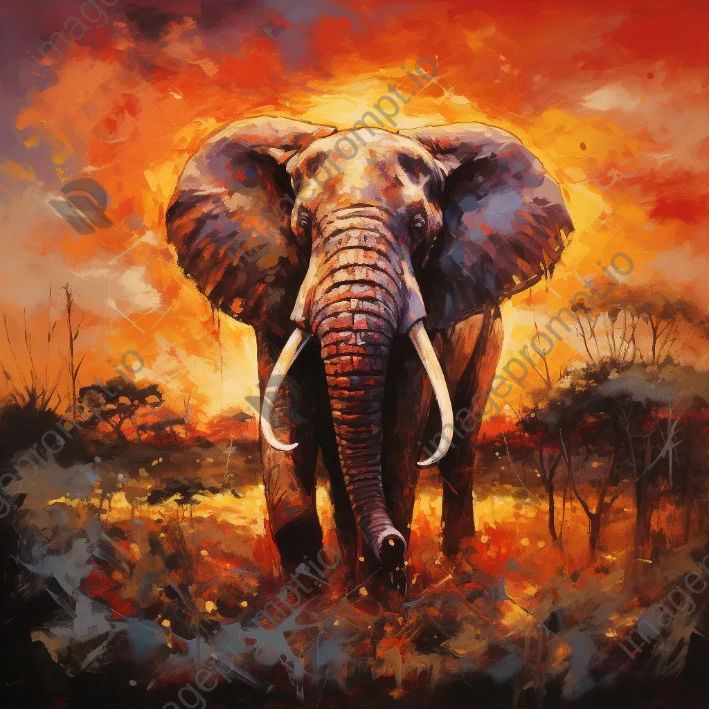 Impressionistic style painting of an elephant under a fiery sunset in the Savannah - Image 3