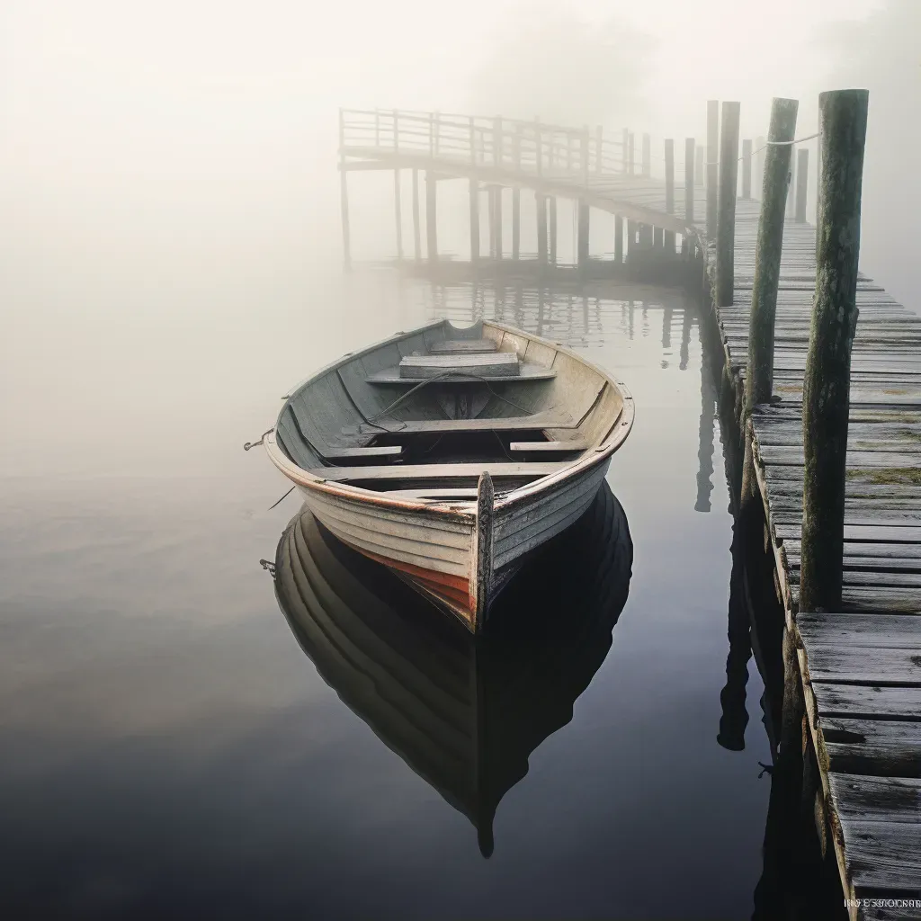 Image illustrating a rowboat tied to a wooden dock on a peaceful, foggy morning - Image 1