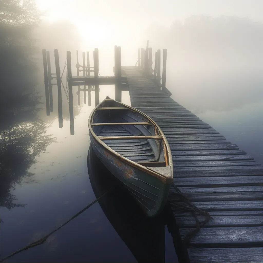 Image illustrating a rowboat tied to a wooden dock on a peaceful, foggy morning - Image 2