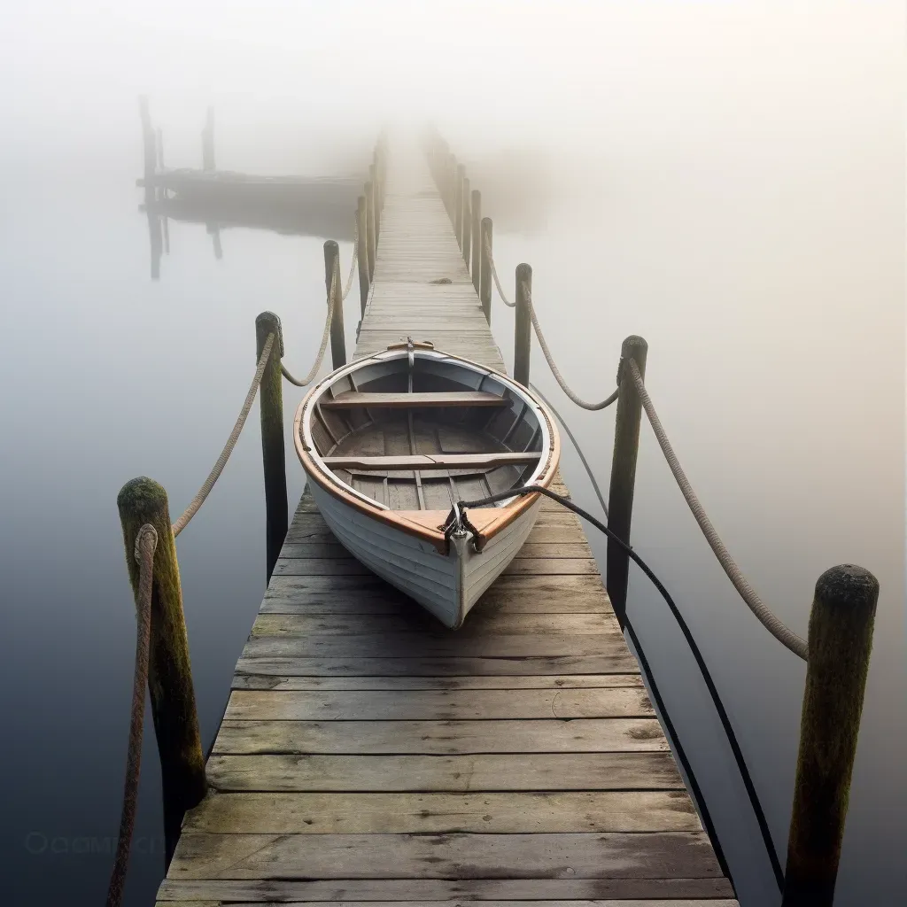 Image illustrating a rowboat tied to a wooden dock on a peaceful, foggy morning - Image 3