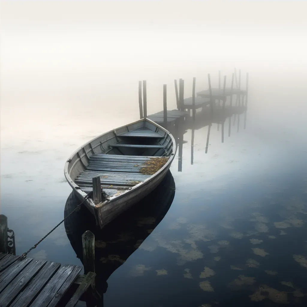 Image illustrating a rowboat tied to a wooden dock on a peaceful, foggy morning - Image 4