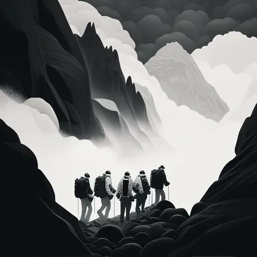 Group of explorers navigating through foggy mountains - Image 1