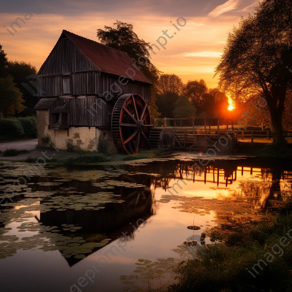 Watermill reflecting in still water during golden hour - Image 1