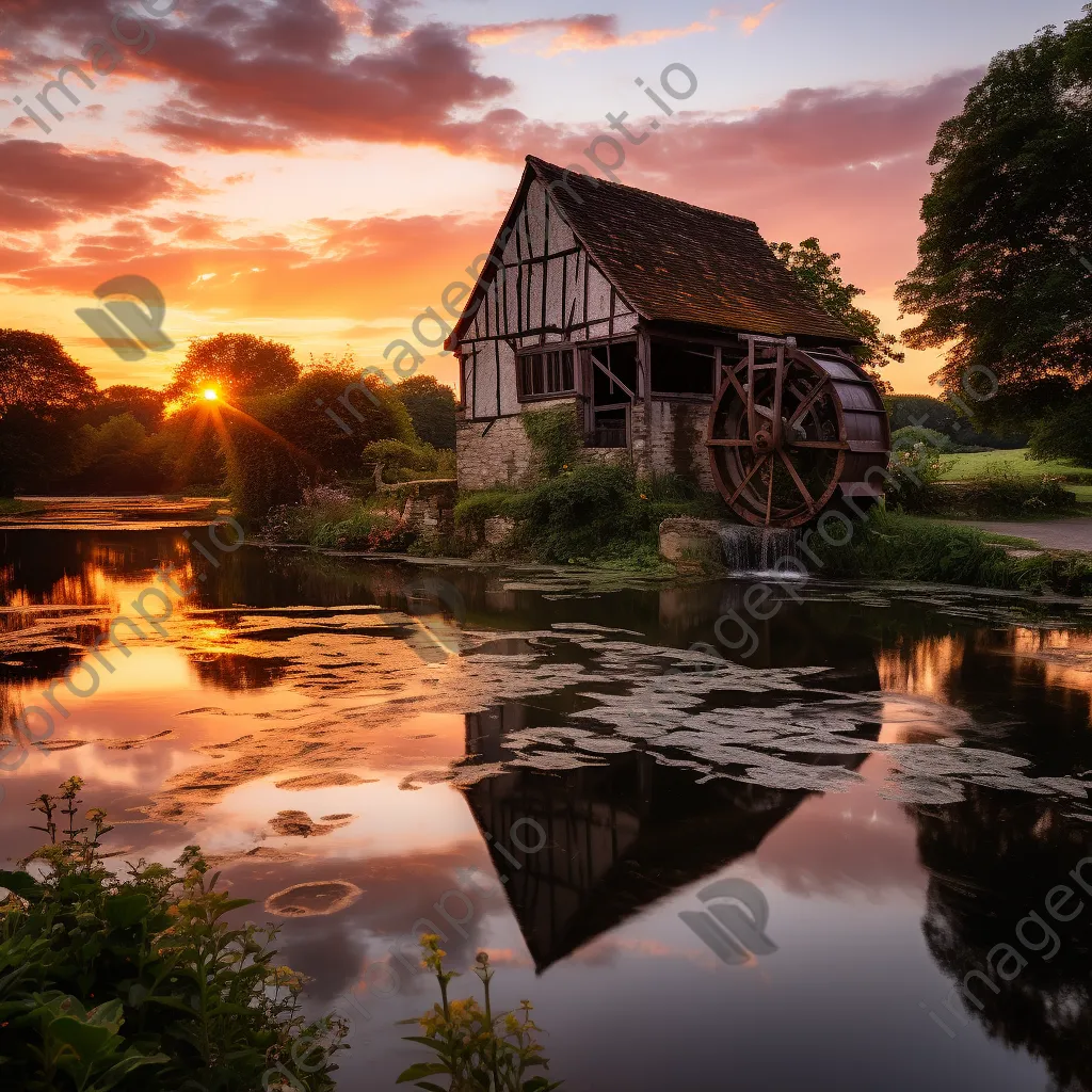 Watermill reflecting in still water during golden hour - Image 2